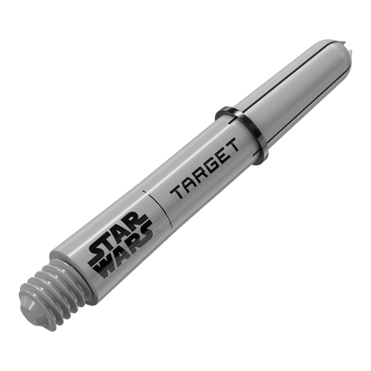 Dieses Bild scheint einen Target Star Wars Pro Grip Shaft in Grau, 34 mm zu präsentieren. Es handelt sich um eine weitere Perspektive der kurzen Variante.
