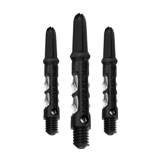 HR416_Harrows_Carbon_ST_Shafts_Clear_33mm_1 Das Bild zeigt drei klare Harrows Carbon ST Shafts. Sie sind schwarz mit silbernen Akzenten und eignen sich für Dartpfeile.