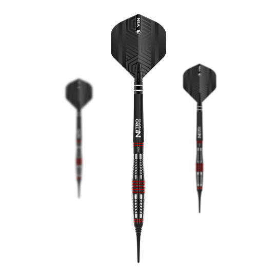 Red Dragon Marlin Venom Soft Darts - 22g Das Bild zeigt drei Softdarts des Modells "Red Dragon Marlin Venom" mit einem Gewicht von 22g. Die Darts sind in Schwarz mit roten und silbernen Akzenten gestaltet.