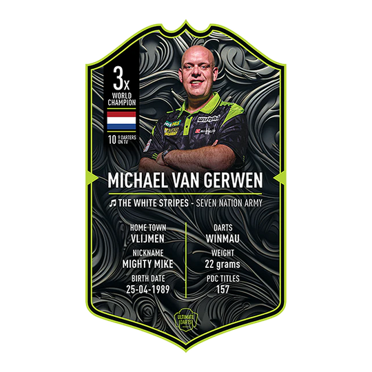 Dies ist eine Sammelkarte von "Ultimate Darts" für Michael Van Gerwen aus dem Jahr 2025. Sie zeigt sein Foto und enthält Informationen wie seinen Spitznamen, Geburtsdatum, Heimatstadt und Statistiken.