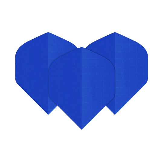 Das Bild zeigt drei blaue Dart-Flights aus Nylon-Stoff. Sie haben eine klassische, leicht abgerundete Form.