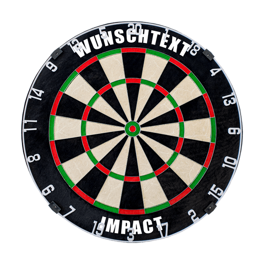 Auf dem Bild ist eine Dartscheibe zu sehen. Oben steht der Text "WUNSCHTEXT" und unten "IMPACT".