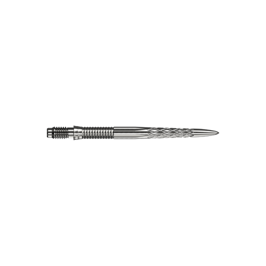Mission R2.5 Rapid Point DSX Dart Tips - Silver Abgebildet sind silberne Dartspitzen Mission R25 Rapid Point DSX mit einer Länge von 30mm. Die Spitzen werden aus zwei verschiedenen Blickwinkeln präsentiert.