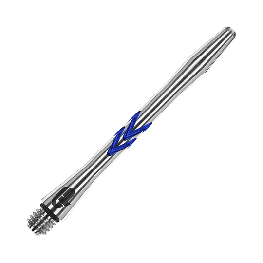 Dies ist ein Red Dragon Gerwyn Price V-Groove Blue Aluminium Shaft. Der Schaft ist silberfarben mit blauen Akzenten und besteht aus Aluminium.