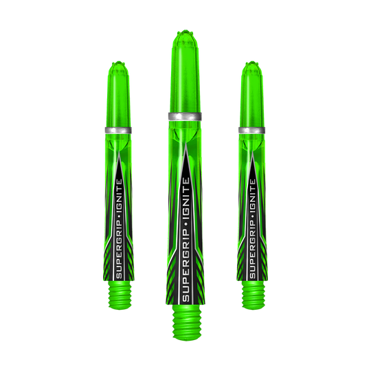 Das Bild zeigt drei grüne Harrows Supergrip Ignite Shafts. Sie sind nebeneinander angeordnet und haben ein modernes, transparentes Design mit schwarzer und silberner Beschriftung.