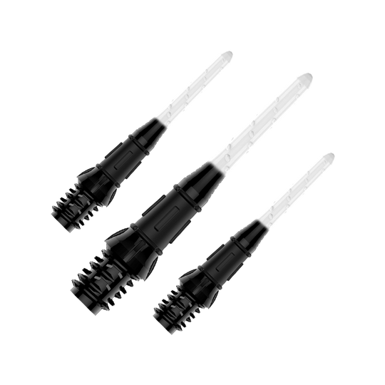 L-Style Premium Two Tone Lippoints (Pack of 30) Auf dem Bild sind drei schwarze und transparente Dartspitzen zu sehen. Sie sind in einer Reihe angeordnet und weisen ein modernes, zweiteiliges Design auf.
