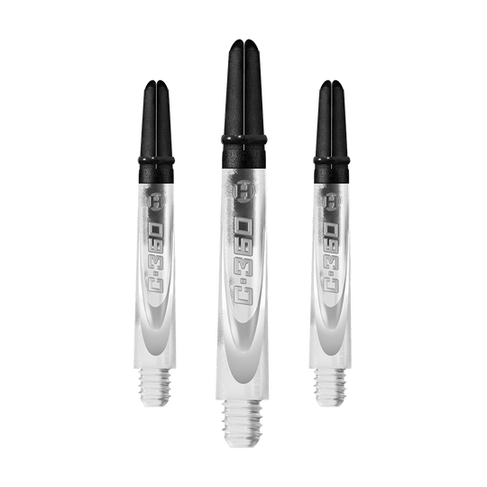 HR447_Harrows_Carbon_360_Shafts_Clear_42mm_1aWgf7bVQ9n2A4 Das Bild zeigt drei transparente Dartschäfte mit schwarzem oberen Ende. Auf jedem Schaft steht die Aufschrift "C-360".