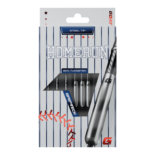 Das Bild zeigt die Verpackung der "GOAT Homerun Baseball Tungsten Steeldarts" mit Stahlspitze. Auf der Vorderseite sind drei Darts sowie baseballtypische Designelemente abgebildet.