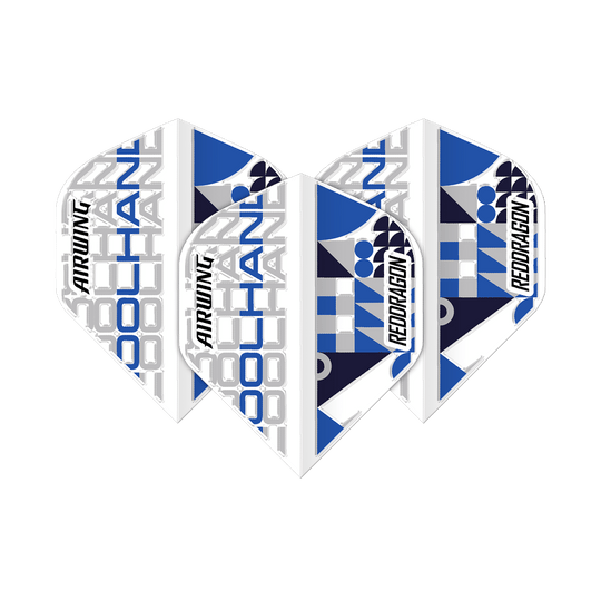 Red Dragon Airwing Luke Humphries White Standard Flights Das Bild zeigt drei Dart-Flights des Produkts "Red Dragon Airwing Luke Humphries White Standard Flights". Die Flights sind überwiegend weiß mit blauen und grauen grafischen Elementen sowie der Aufschrift "COOL HAND", "AIRWING" und "RED DRAGON".