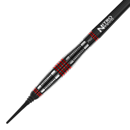 Red Dragon Marlin Venom Soft Darts - 22g Das Bild zeigt den Red Dragon Marlin Venom Softdart mit einem Gewicht von 22 Gramm. Der Dart hat ein schwarzes und silbernes Design mit auffälligen roten Ringen und einer „Nitro Tech“-Beschriftung.