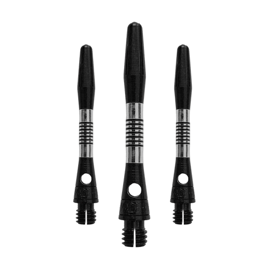 Das Bild zeigt ein Set von schwarzen Aluminium-Dartschäften. Alle Schäfte haben eine Länge von 34mm.