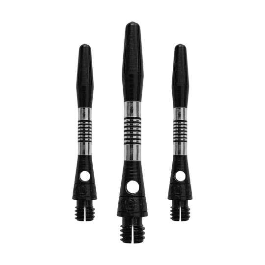 Bulls NL Cetra Aluminium Shafts - Black Das Bild zeigt ein Set von schwarzen Aluminium-Dartschäften. Alle Schäfte haben eine Länge von 34mm.