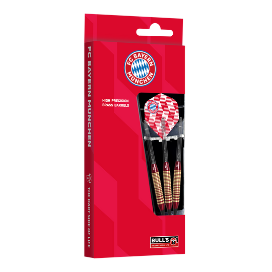 Bulls FC Bayern Munich Brass Soft Darts - 18g Abgebildet sind die Bulls FC Bayern München Brass Softdarts mit 18g Gewicht. Sie eignen sich für Softdart-Spiele und tragen das Vereinsdesign.