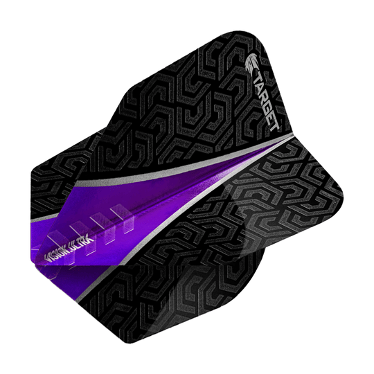 TG56_331000_Target_Vision_Ultra_Purple_No6_Flights_2 Das Bild zeigt ein Dartflügel-Set namens "Target Vision Ultra Purple No6 Flights". Die Flügel sind überwiegend schwarz mit einem geometrischen Muster und besitzen einen auffälligen lila Streifen.