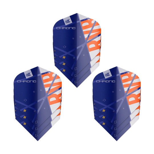 Target Pro Ultra Raymond Van Barneveld Chrono Ten-X Standard Flights - 3 sets Das Bild zeigt drei Sätze Target Pro Ultra Raymond Van Barneveld Chrono Ten-X Standard Flights. Die Flights sind überwiegend blau mit weißen und orangefarbenen Akzenten gestaltet.