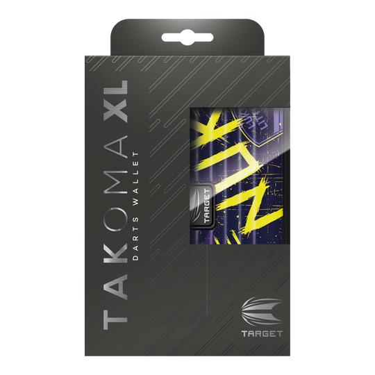 Target Takoma Luke Littler XL dart case Das Bild zeigt die Verpackung des Target Takoma XL Dartcases, das speziell für Luke Littler designt wurde. Die Verpackung ist überwiegend schwarz mit gelben und violetten Akzenten auf dem Dartcase selbst.