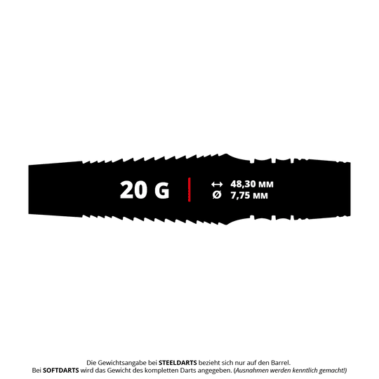 Das Bild zeigt einen schwarzen Dart-Barrel mit der Aufschrift "20 G" und den Maßen 48,30 mm Länge sowie 7,75 mm Durchmesser. Es handelt sich um das Produkt "Winmau Sniper Black 2025 Softdarts - 20g".