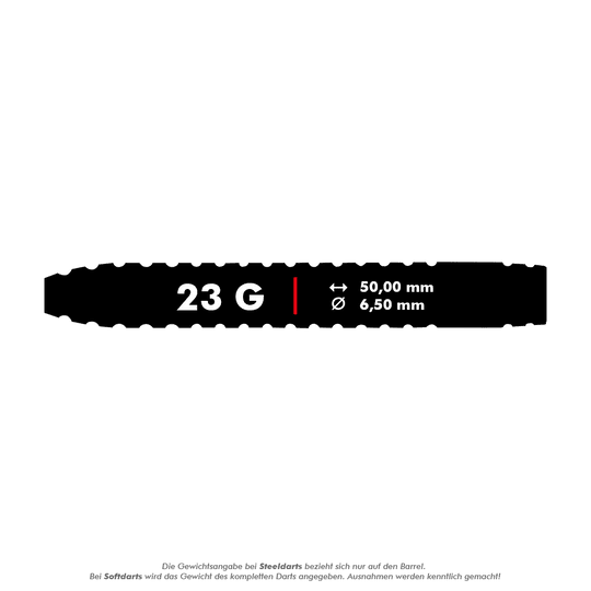 Das Bild zeigt die Produktdetails der Unicorn Contender Camerion Menzies Steeldarts mit einem Gewicht von 23 Gramm. Die Steeldarts haben eine Länge von 50,00 mm und einen Durchmesser von 6,50 mm.