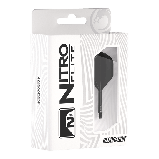 Red Dragon Nitroflite - Black Shaft Black No2 Flights Die Verpackung zeigt das Produkt "Red Dragon Nitroflite - Black Shaft Black No2 Flights". Im Sichtfenster ist ein schwarzer Dart-Schaft mit schwarzem Flight zu sehen.