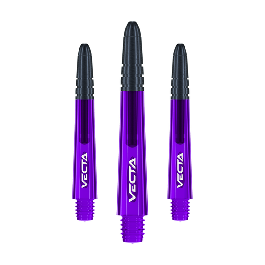Das Bild zeigt drei violett-schwarze Dartschäfte mit der Aufschrift "VECTA". Sie sind gleich lang und nebeneinander angeordnet.