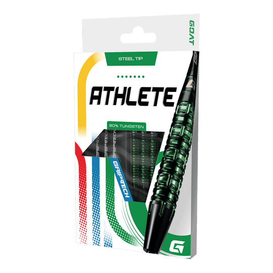 GOAT Athlete Green Tungsten Steel Darts Dieses Bild stellt die GOAT Athlete Green Tungsten Steeldarts dar. Die Darts heben sich durch ihr grünes Design hervor.