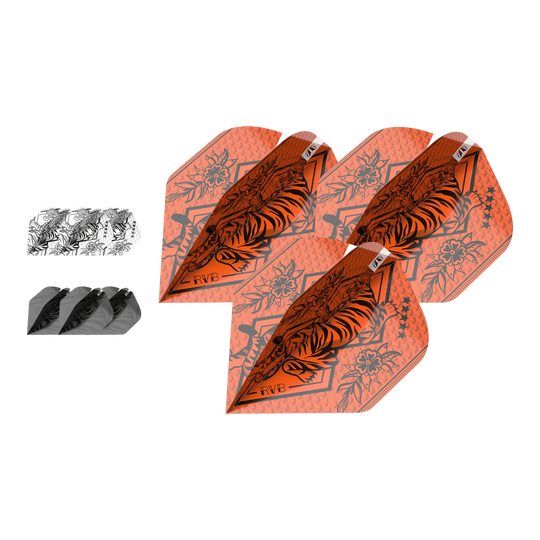 Target Ink Bundle 3 Sets Raymond Van Barneveld No2 Standard Flights Das Bild zeigt drei Sätze Dartflights in verschiedenen Farben und Designs, darunter auffällige orangefarbene Flights mit Tiger-Motiv. Es handelt sich um das Produkt "Target Ink Bundle 3 Sets Raymond Van Barneveld No2 Standard Flights."