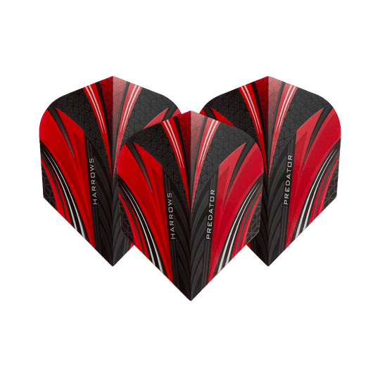 Das Bild zeigt drei Dart-Flights des Modells „Harrows Prime Predator Rot No2 Standard“. Die Flights sind in den Farben Rot, Schwarz und Weiß mit einem modernen Muster gestaltet.