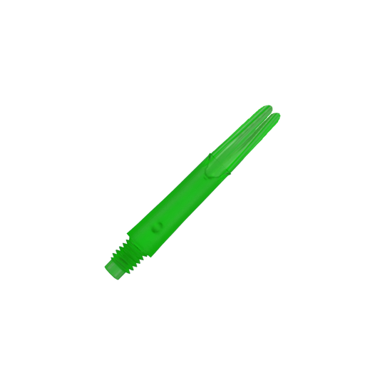 Das Bild zeigt einen geraden, grünen Dart-Schaft ohne Kappen. Er ist aus Kunststoff gefertigt und hat ein Schraubgewinde am unteren Ende.