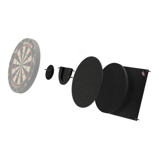 Bulls NL Dartboard Silencer Das Bild zeigt das Produkt "Bulls NL Dartboard Silencer" in einer Explosionszeichnung. Die verschiedenen Teile sind einzeln dargestellt, darunter das Dartboard und mehrere schallabsorbierende Schichten.