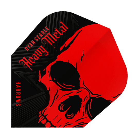 Harrow's Ryan Searle Heavy Metal No6 Flights Das Bild zeigt ein Dart-Flight mit einem auffälligen roten Totenkopf-Design. Oben steht der Name "Ryan Searle Heavy Metal" und an der Seite ist "Harrows" zu lesen.