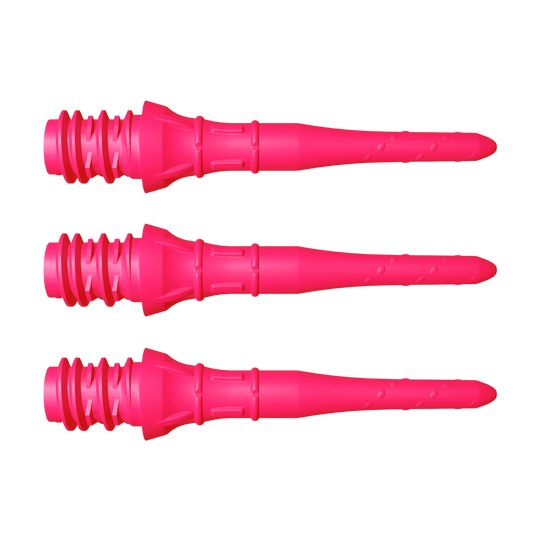 Das Bild zeigt drei kurze, neonpinke Dartspitzen, die nebeneinander liegen. Sie haben ein strukturiertes Gewinde am hinteren Ende und eine glatte, spitz zulaufende Vorderseite.