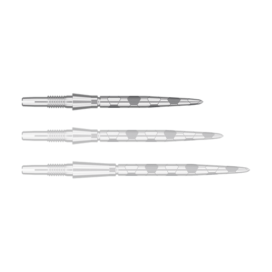 Target Swiss Storm Onyx Point Dart Tips - Silver Das Bild zeigt drei silberne Dartspitzen mit einem sechseckigen Muster. Sie sind parallel nebeneinander angeordnet und haben eine glatte, metallische Oberfläche.