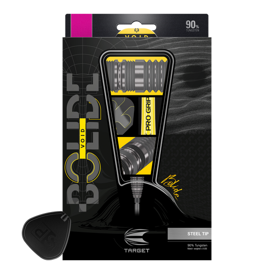 Das Bild zeigt die Verpackung der "Target Bolide Void 02 Swiss Point Steeldarts". Die Darts bestehen zu 90% aus Tungsten und haben eine Stahlspitze.