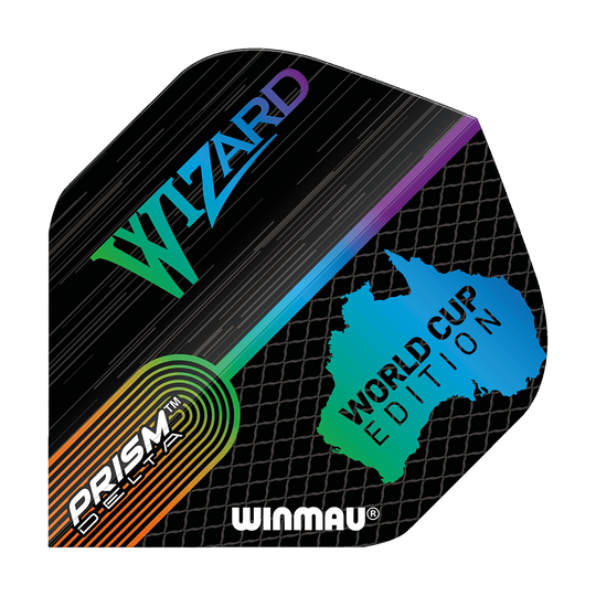 6915-237_Winmau_Simon_Whitlock_World_Cup_Special_Edition_Standard_Flights_1jG6xHhDZ9OGKR Das Bild zeigt das Produkt "Winmau Simon Whitlock World Cup Special Edition Standard Flights". Das Flight-Design ist bunt mit den Aufschriften "Wizard", "World Cup Edition" und "Prism Delta".