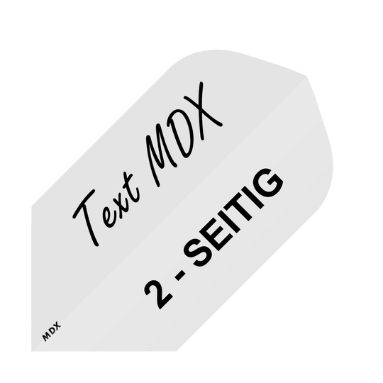 MD-451_2-Seitig_Bedruckte_Flights_Wunschtext_MDX_Weiss_Slim_1 Das Bild zeigt ein Beispiel für bedruckte Dart-Flights mit individuellem Wunschtext. Auf dem Flight steht "Text MDX" und "2-SEITIG".