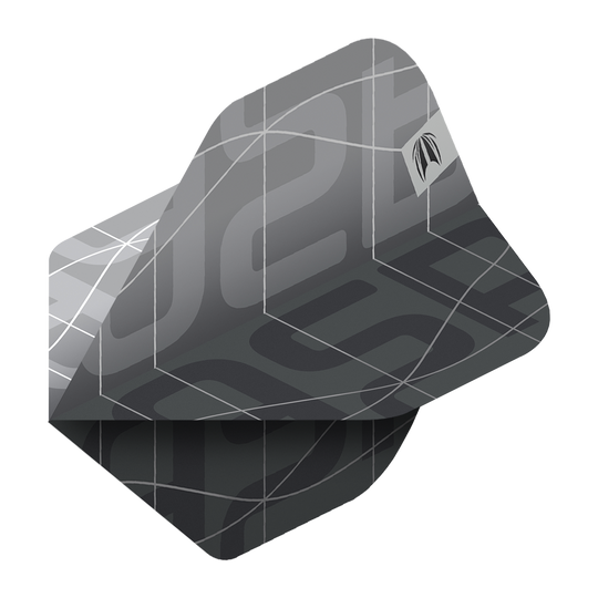 Target Pro Ultra Aspinall X Echo No2 Standard Flights - 3 sets Das Bild zeigt ein Set von Target Pro Ultra Aspinall X Echo No2 Standard Flights. Die Flights sind in einem modernen, schwarzen und grauen Design mit geometrischen Mustern gestaltet.