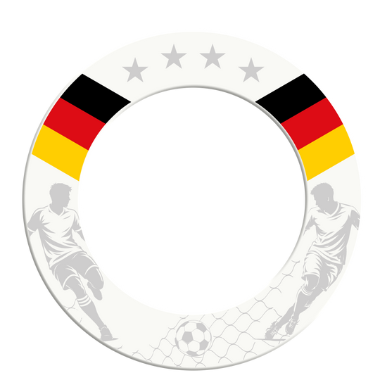 McDart Football Dartboard Surround Gezeigt wird die McDart Fußball Dartboard Surround. Diese Umrandung schützt die Wand und bringt Fußball-Design an das Dartboard.