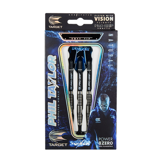 200240-Target-Phil-Taylor-Power-8Zero-Softdarts-3-4-Wallet Das Bild zeigt die Target Phil Taylor Power 8zero Softdarts in ihrer Originalverpackung. Die Verpackung hebt den Namen Phil Taylor und das hochwertige Design der Darts hervor.