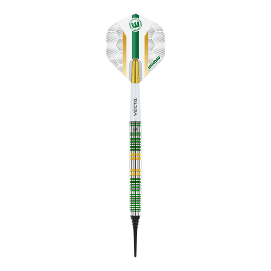 Winmau Xenon Softdarts - 20g Dies ist ein Winmau Xenon Softdart mit einem Gewicht von 20 Gramm. Der Dart hat ein modernes Design mit grünen, weißen und goldenen Akzenten.