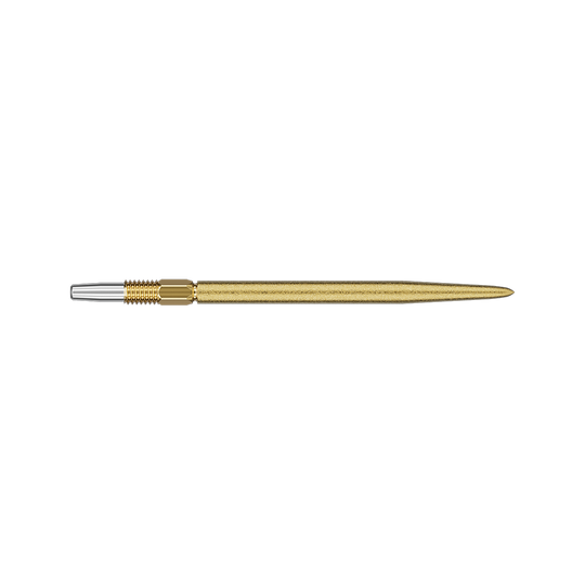 Target Swiss Point SLK dart tips - gold Auf dem Bild ist eine goldene Dartspitze zu sehen. Sie ist schlank und hat ein silbernes Ende zur Befestigung.