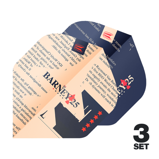 Target ProUltra Raymond Van Barneveld Barney25 Standard Flights Das Bild zeigt die Target ProUltra Raymond Van Barneveld Barney25 Standard Flights in einem auffälligen Design. In der rechten unteren Ecke steht "3 SET", was darauf hinweist, dass drei Sätze enthalten sind.