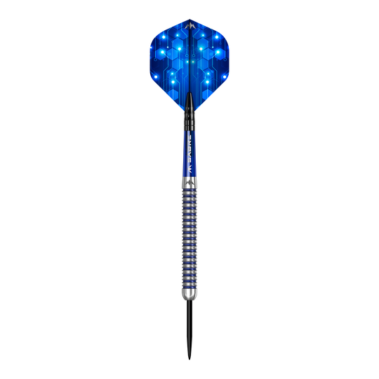 Das Bild zeigt die Mission ION Blue Silver Steeldarts. Die Darts sind in Blau und Silber gehalten.