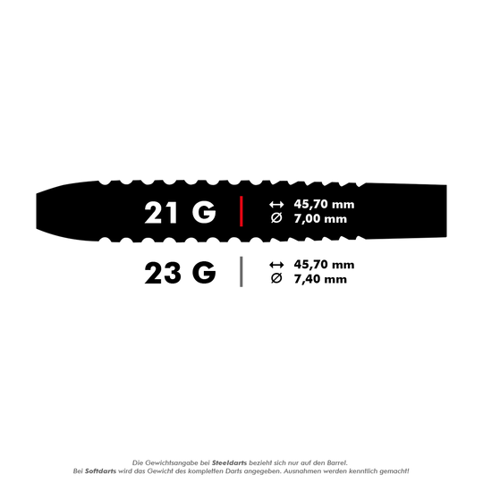 Das Bild zeigt die technischen Daten von Steeldarts mit zwei unterschiedlichen Gewichten. Die 21g-Darts haben einen Durchmesser von 7,00 mm und eine Länge von 45,70 mm, während die 23g-Darts einen Durchmesser von 7,40 mm bei gleicher Länge haben.