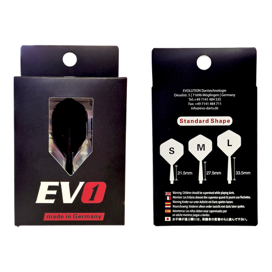 Evolution EVO1 Flight-Shaft-System in Schwarz ist dargestellt. Das Produkt ist für den Einsatz im Dartsport geeignet.