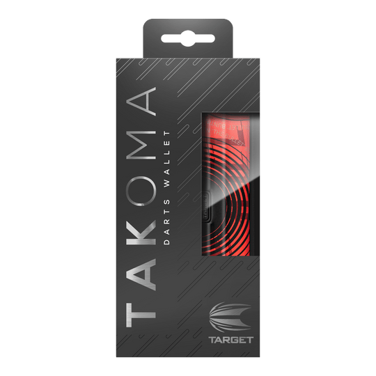 Target Takoma Stephen Bunting dart case Die Abbildung zeigt die Verpackung des Produktes „Target Takoma Stephen Bunting Dartcase“. Das Etui ist rot-schwarz gestaltet und befindet sich in einer eleganten, schwarzen Box mit Sichtfenster.