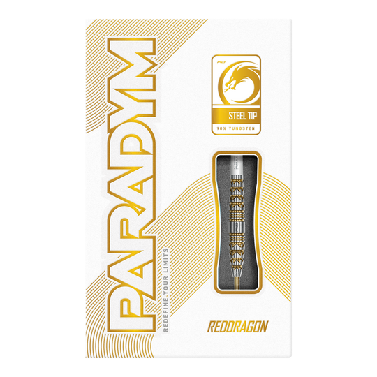 Abgebildet ist das Produkt Red Dragon Paradym Gold Torpedo Steeldarts. Es handelt sich um hochwertige Steeldarts mit goldfarbenem Design.