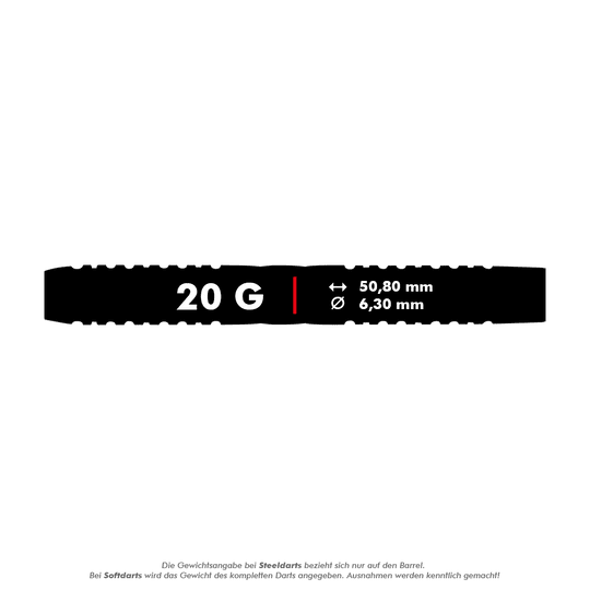 Red Dragon Gerwyn Price Iceman Midnight Edition Soft Darts - 20g Das Bild zeigt einen schwarzen Dart mit der Aufschrift "20 G". Zusätzlich sind die Maße 50,80 mm Länge und 6,30 mm Durchmesser angegeben.