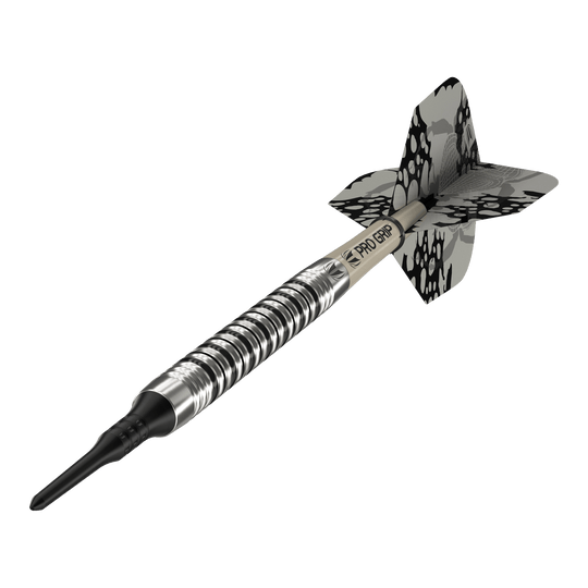 Target EXO 11 Soft Darts Das Bild zeigt den Softdart "Target EXO 11". Er hat ein silber-schwarzes Design mit einem gemusterten Flight und einem Pro Grip Schaft.