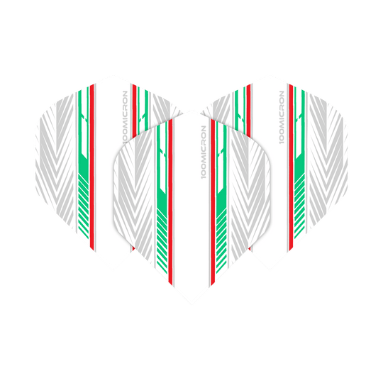Pentathlon Flights white/green/red Das Bild zeigt ein Set Pentathlon Flights weiß/ farbig/ rot. Die Flights liegen gestapelt nebeneinander.