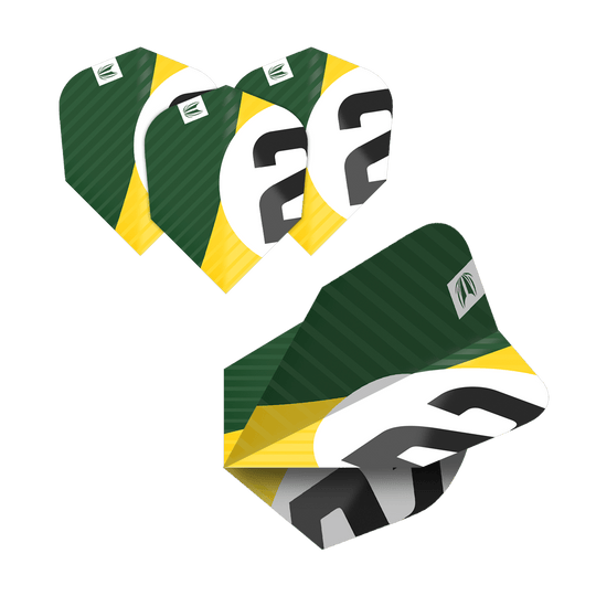 Das Bild zeigt fünf Sätze Target Pro Ultra Chicane Ten-X Flights für Darts. Die Flights sind grün, gelb und weiß mit einer schwarzen Zahl und haben ein modernes Design.